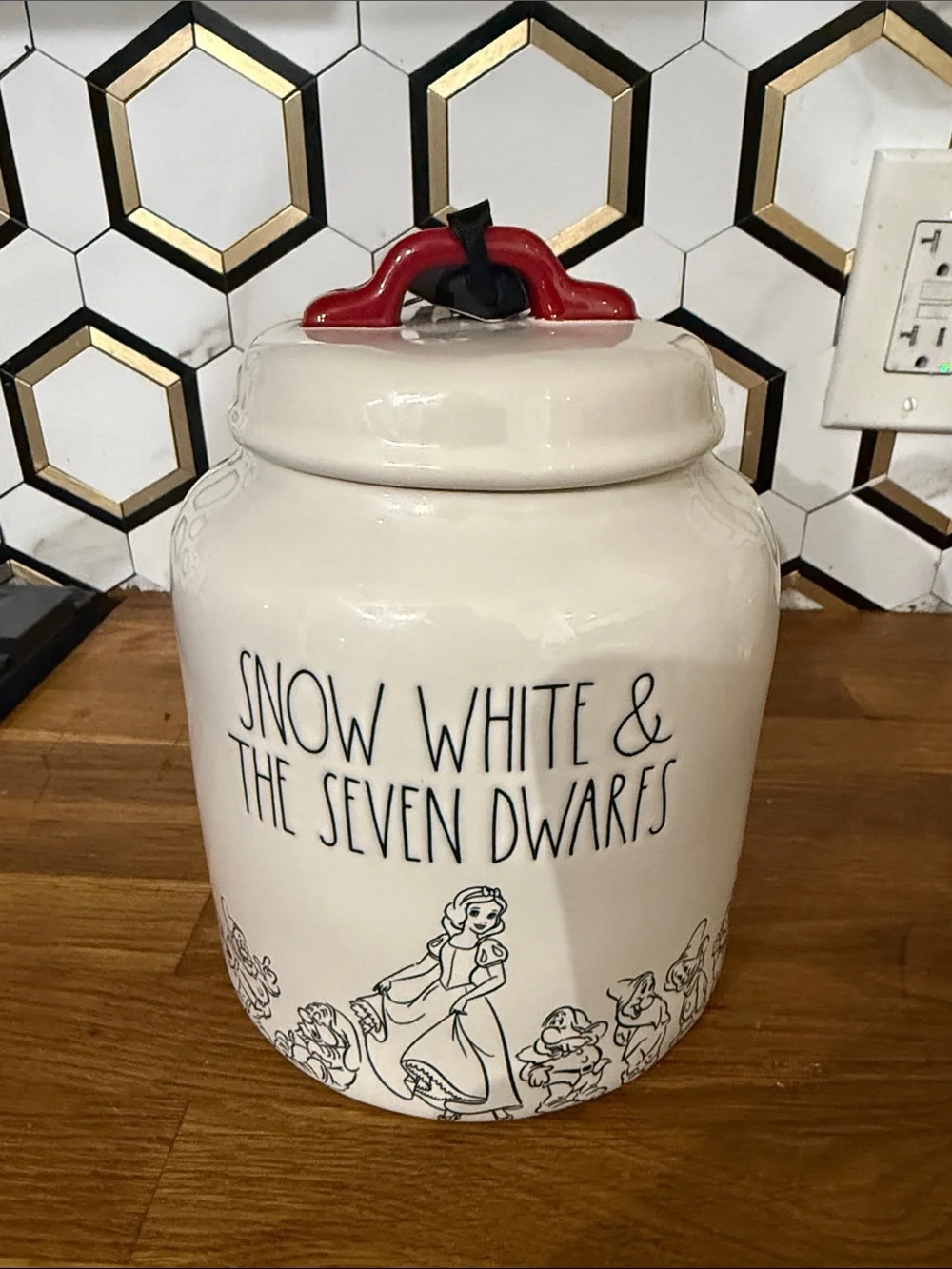 Rae Dunn White Canister with Red Handle and Black Tag